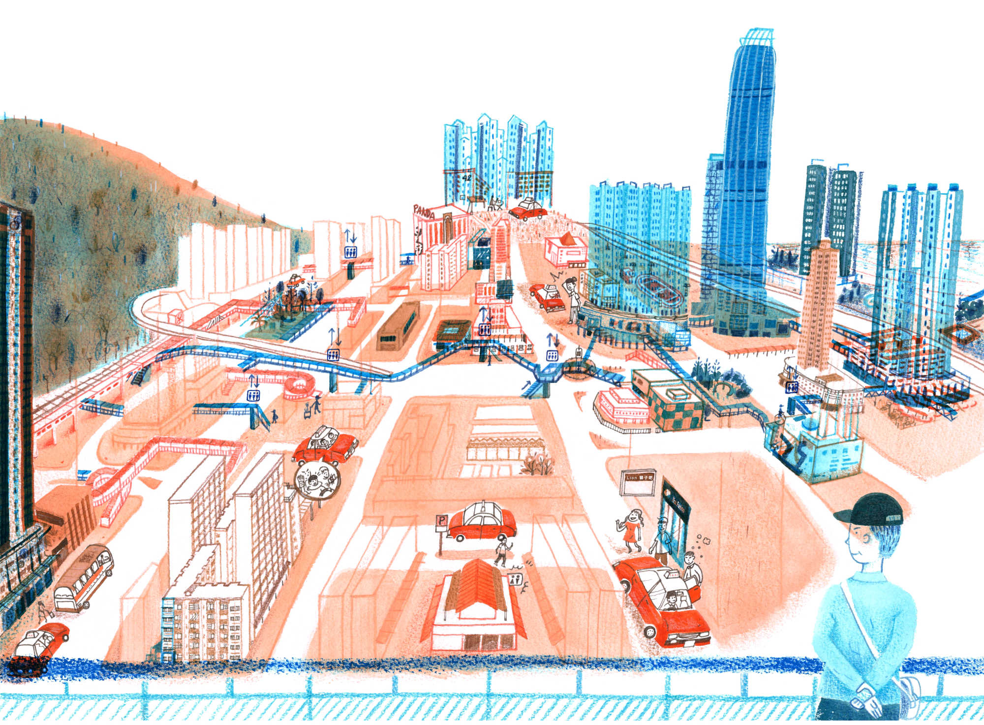 Strolling across the footbridge in Tsuen Wan, all in one