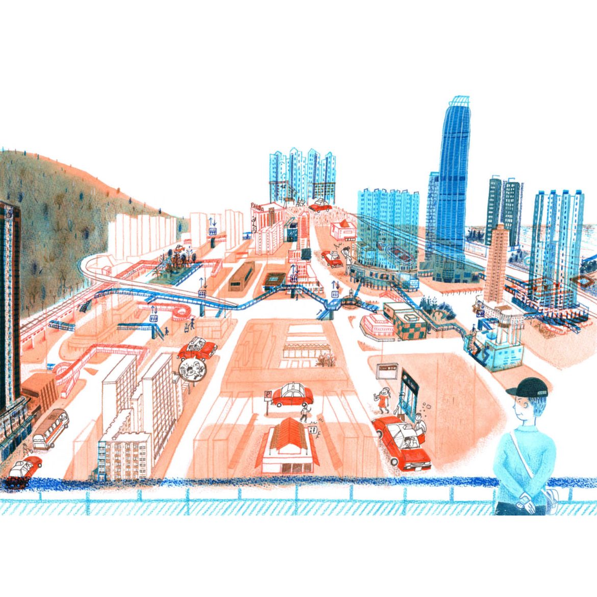 Strolling across the footbridge in Tsuen Wan